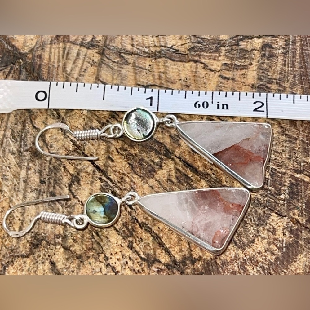 Labradorite & Phantom Fire Quartz Earrings 2” - Picture 8 of 13